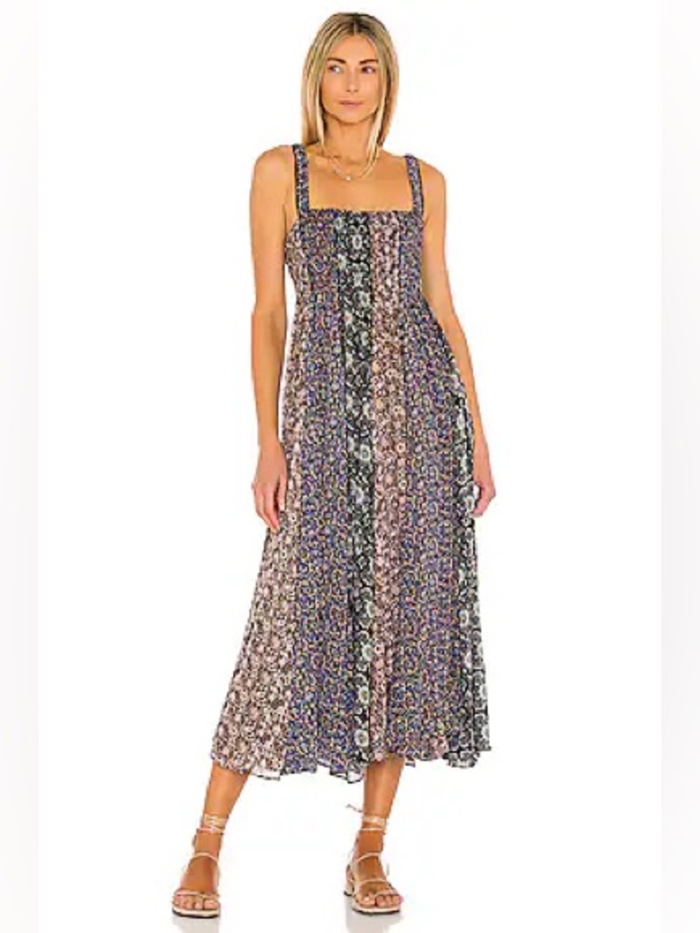 Free people Come Together multicolored print smocked long midi dress sz.XS